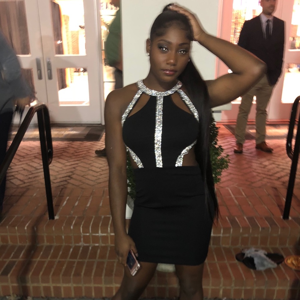 Dashing black mid homecoming dress with sequin